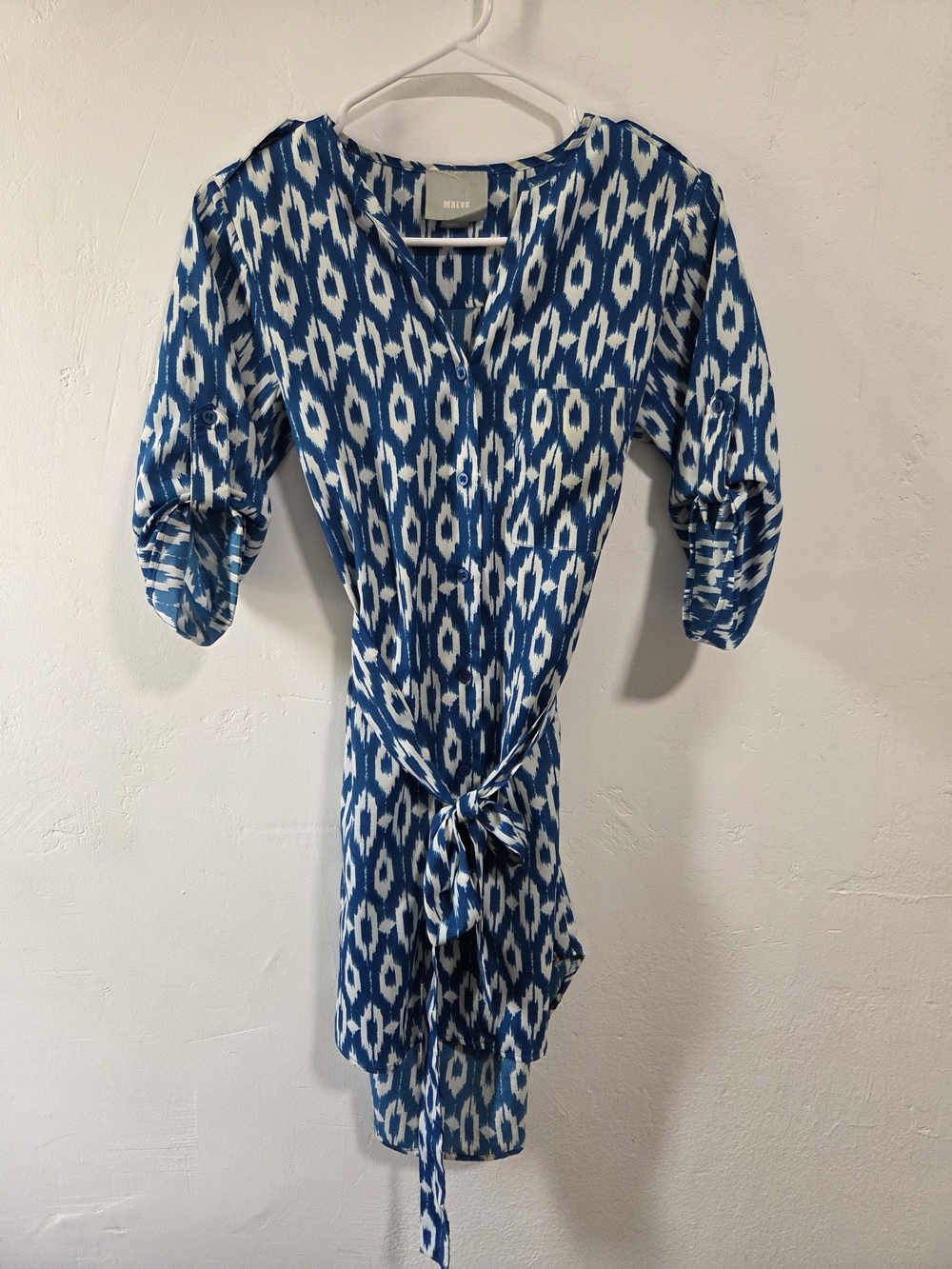 Rails Blue and White Ikat Tie-Waist Mini Dress